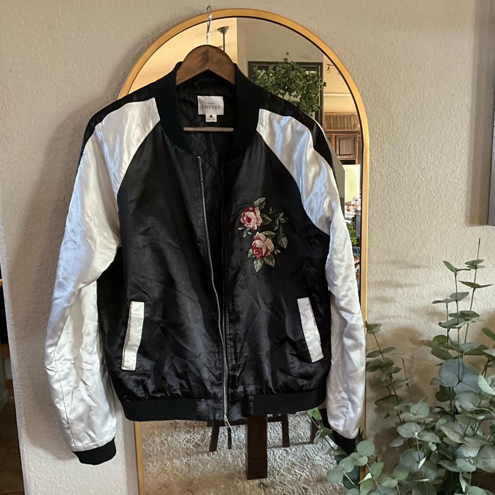 Empyre Satin Letterman jacket with rose embroidery, Black/White, Womens M